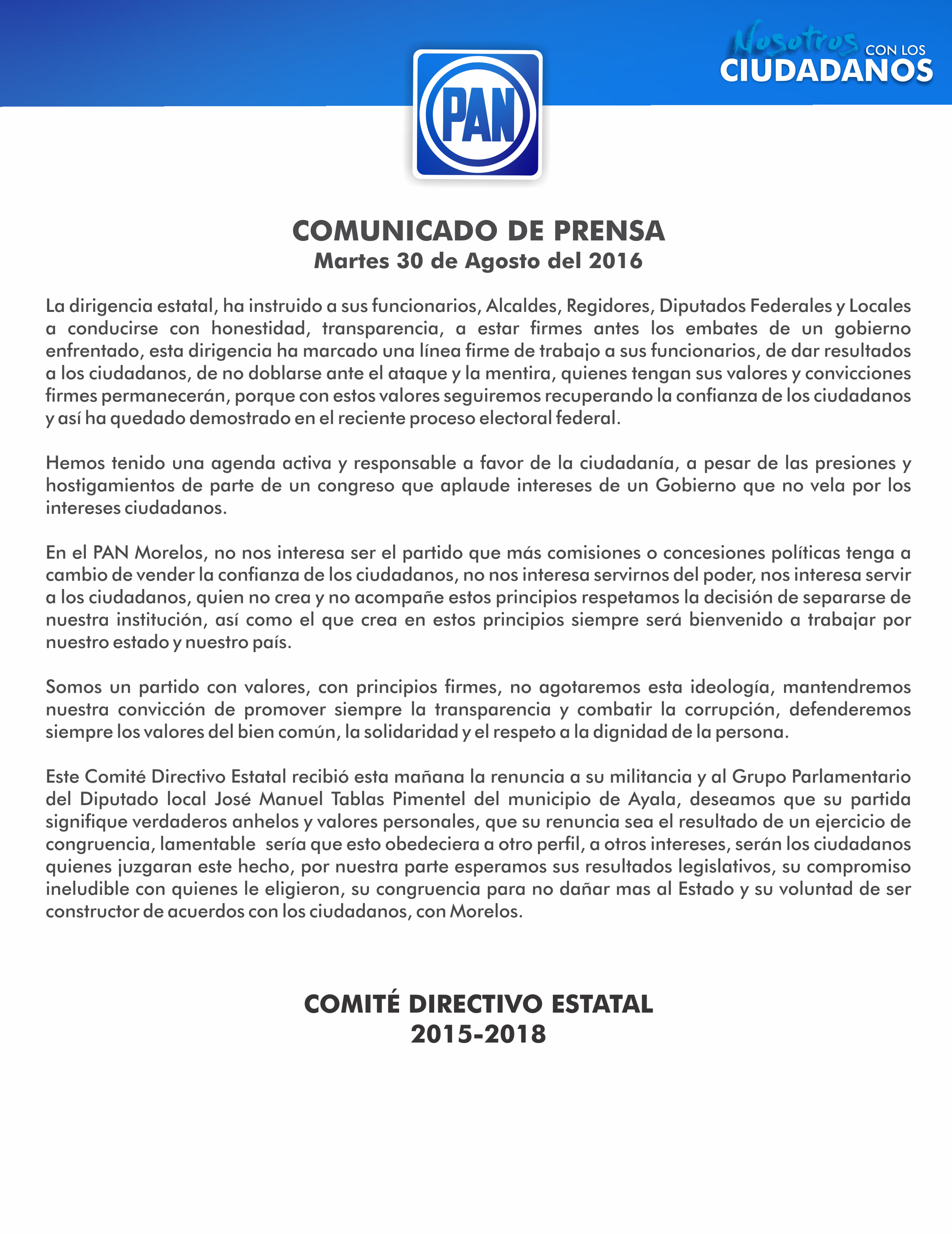 Comunicado de Prensa CDE PAN Morelos